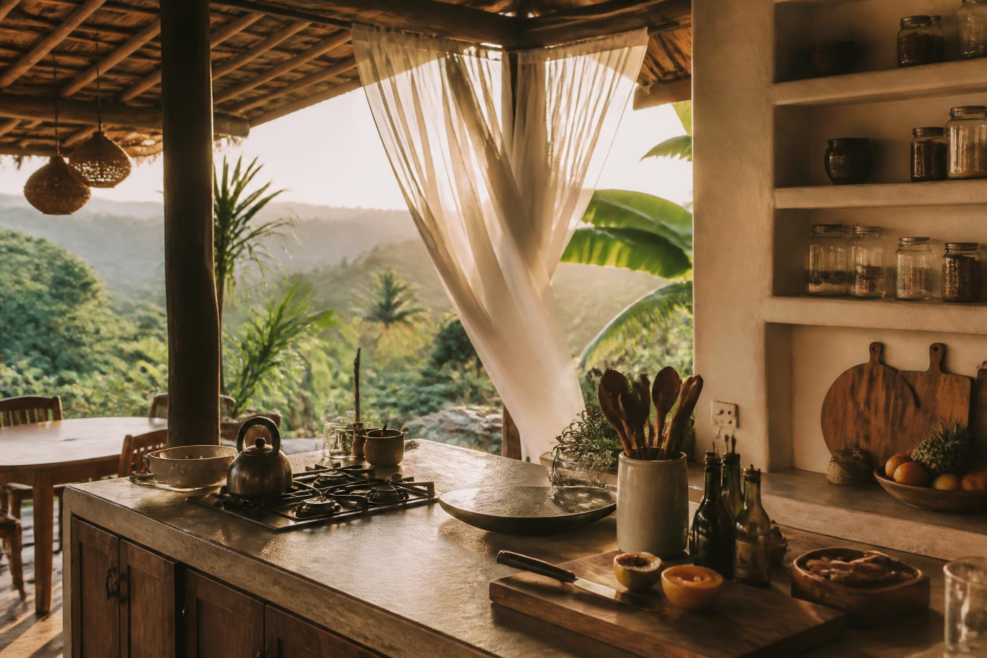 An open-air jungle home kitchen bathed in warm golden light